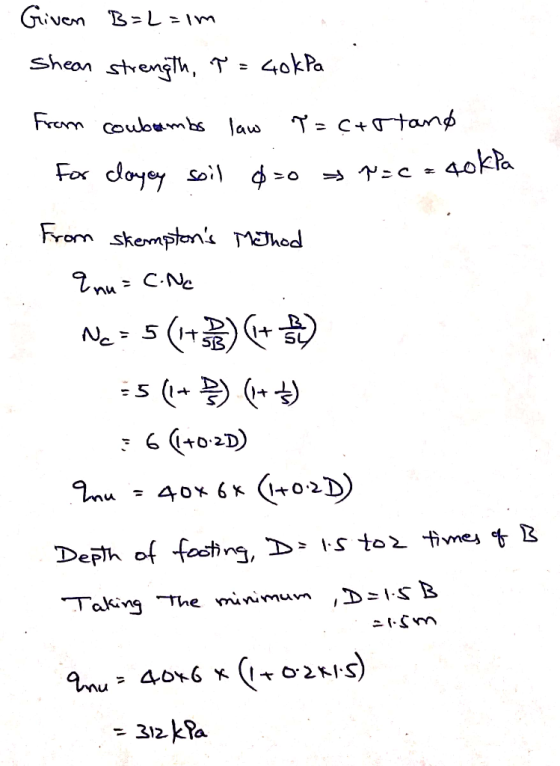 Given B=レ= 1m sheon strengh, T Frem coubmbs law For doyoy so 2c40kla From skemptoni mIhod ( |+ No5 1け Sy 40x 6K 02D Depih of