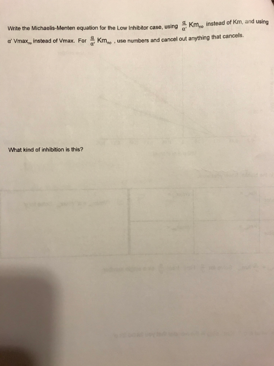 Write the Michaelis-Menten equation for the Low inhibitor case, using α; Kmno n Write the Michaelis-Menten equation for the L