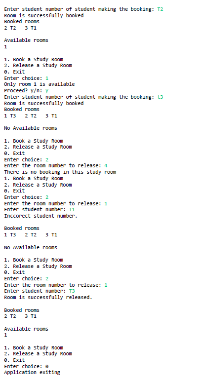 Enter student number of student making the booking: T2 Room is successfully booked Booked rooms 2 T2 3 T1 Available rooms 1.
