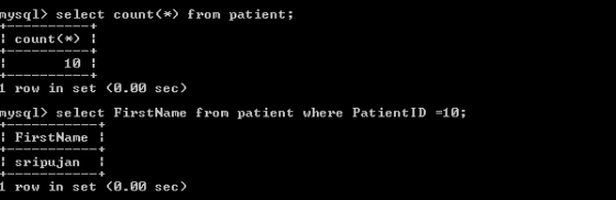 nysql select count*from patient; count< 10 1 row in set 〈0.00 sec nysql select FirstName from patient where PatientID -10; Fi