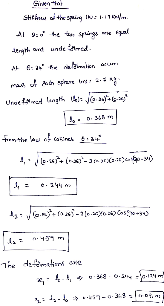 Given thal Stiffnew of the spaing (K)- 1.17K/m. ернal A0 o0 the two Sp^ings аяе unde fomed dength and 0- 34 the defatmation O