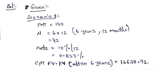 Given Scenanio 1: 0 PHT N 6x t2 (Yp 9) te 0833 EPT FV Faften 6 yeors) = 16618.92