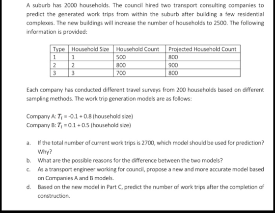 A suburb has 2000 households. The council hired two transport consulting companies to predict the generated work trips from w