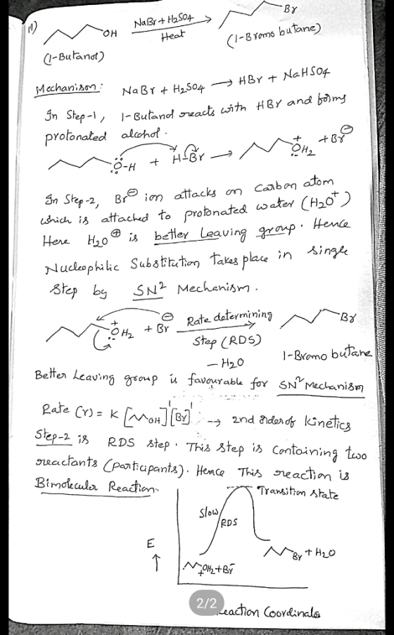 By Heot (1-B roms butane) I Buand pYotonated alchot P-2, Bi attacks on Cabm atom on Stes chiろ attacked to protonated water (H