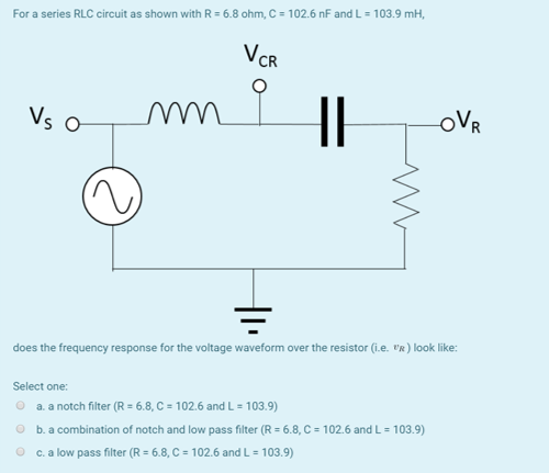 For a series RLC circuit as shown with R-6.8 ohm, C 102.6 nF and L-103.9 mH CR S O does the frequency response for the voltag
