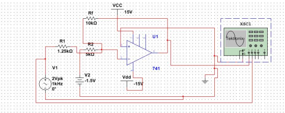 VCC 15v Rf. T. . .. . XSC1. . U1. R1 V1 . 741 Vdd -15V 1kHz 0.P