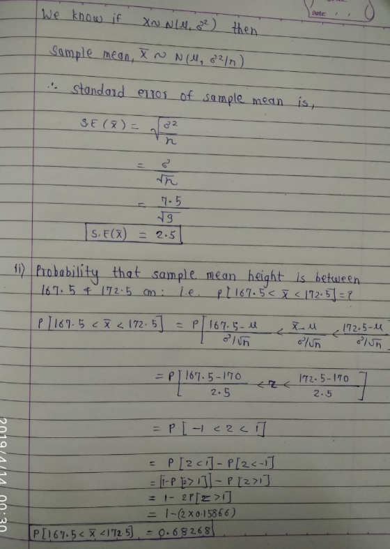 We know if xu NLL)then Date: Sample mean, X , dIn) standand e11o1 of sample mectn is 1- 5 S,F(X) 2-5 ニ that sample mean heigh