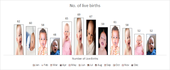 No. of live births 69 67 65 62 61 60 58 59 58 52 52 48 Number of Lve Births @Jan u Feb Mar Apr四May QJun 데Jul nAug Sep E Oct E