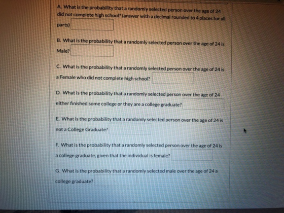 A What is the probability that a randomly selected person over the age of 24 did not complete high school? (answer with a dec