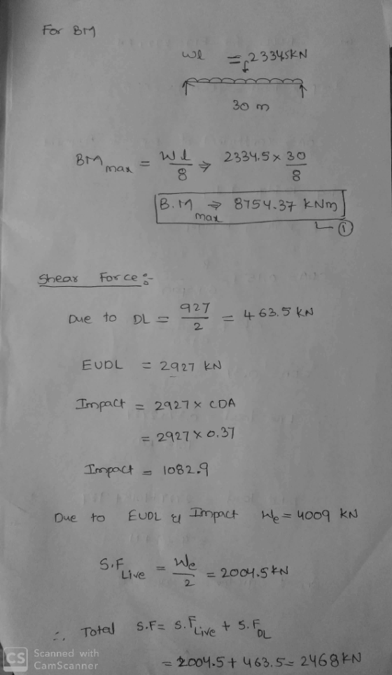 For 一,23345KN 30 m 2331,5x 30 92丁 Due to DL 2 EupL 2927 kN Impact-2927x CDA .37 = 2927 x lo82 S, F Live-E= DL Scanned with Ca