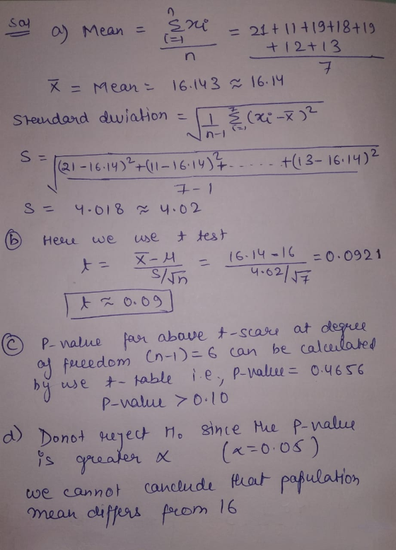 sal a) Mean = sni 21+ 11 +19+18+19 (= +12+13 7 = Mean - 16.143 7 16.14 Standard duiation = (x1 - x2 S = +(13-16.14)2 (21-16.1