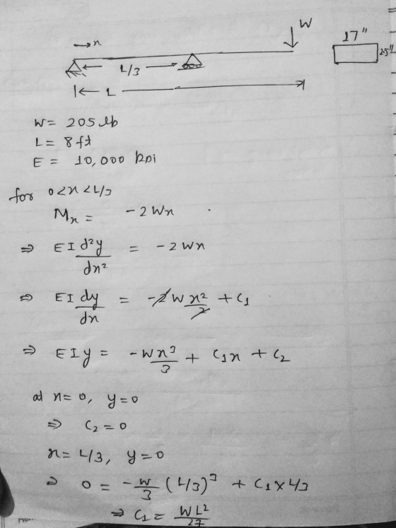 W vu 17 اث 43 K L 71 W= 205 lb L= 8 ft E = 10,000 hoi for ozu24 Mr = - 2 Wn - wn 9 Eiday dne EI dn -PW22 ta EI Y = - Wao t c