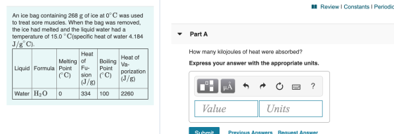 | Review Constants | Periodic Part A An ice bag containing 268 g of ice at 0° C was used to treat sore muscles. When the bag