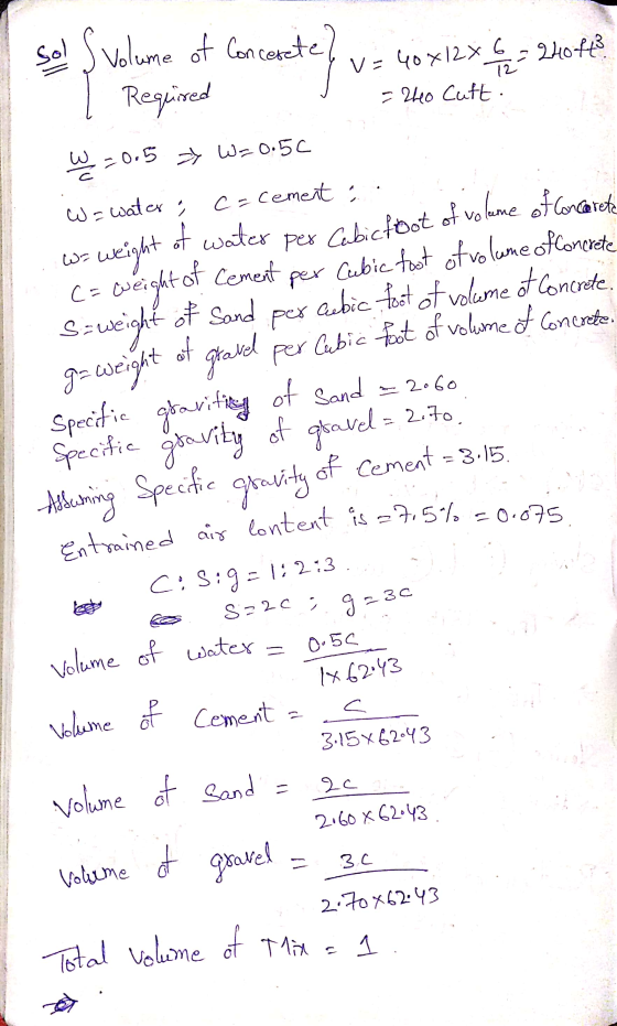 sol S volume of Concesete? v= 40 x12x6 = 240ff l Required J = 210 Cutt: W, 2005 » W=0.56 wswatex ; C = Cement: W= weight of w