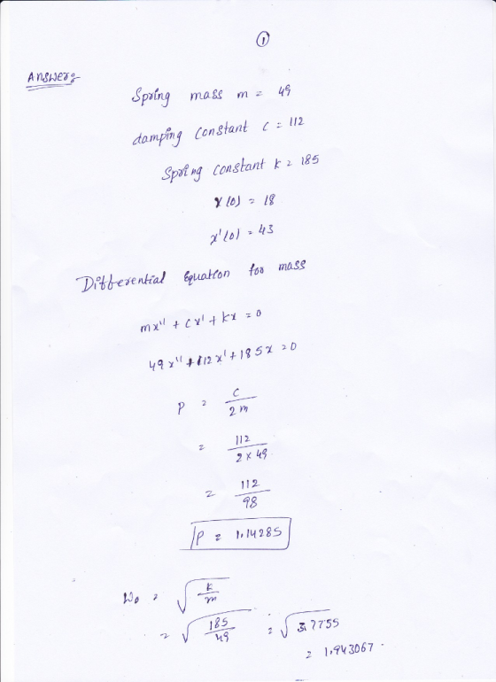 ping mase m- Spreng constant k· 185 Dottere nhal equation foㆆ mass 112 2 X 4g 2 112 78 P ,14 28S LJ스 185 2 1,73067
