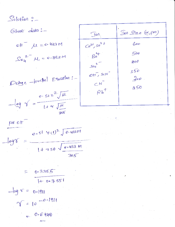 Solution : Giver dada :- Ton Size ,pm) Cart so²t Wec OH Sou l = 0.133 M M, 2.0.263M 500 100 sou 350 Off, Soni Debye Huckel Ew