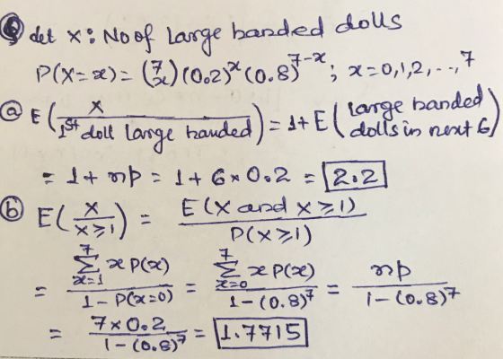 Fl Large handed i det x: No of large banded dolls P(X=)= (3.) 10.23% (0.87-*; X=0,1,2,--7 @ € (95 dole lange handed) = 1+ El
