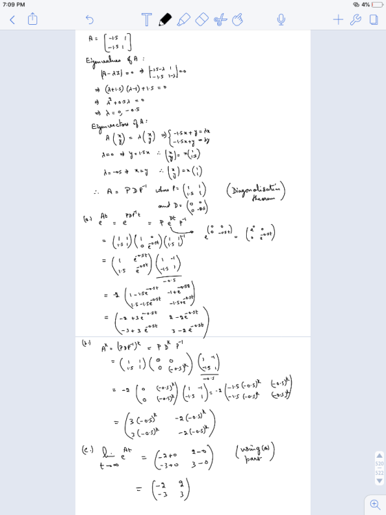 7:09 PM 4% O 5 TON OF © ¢ + 8 0 Eigenvalues of A |A-AI) - + (441-) (+) +15=0 70-52 = 0 = -0.5 Eigenrectors of a dro + youise