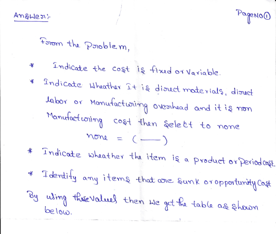 Answers PageNoo from the problem, * * Indicate the cost is fixed or Variable. Indicate wheather It ia direct materials, diore