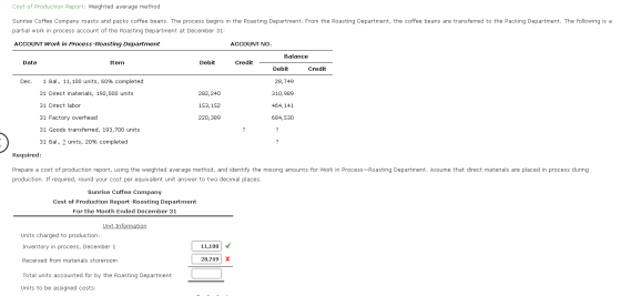 Cost of Production Report: Weighted average method Sunrise Coffee Company roasts and packs coffee beans. The process begins i