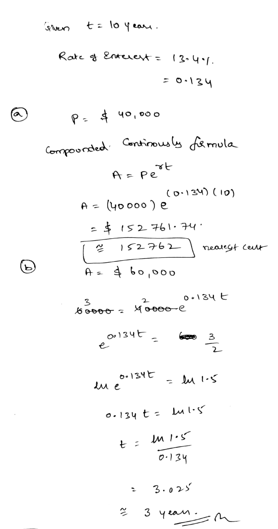Given t = 1o y ears. Rate of enterest = (3• Ч:[. го-\ 34 Р. <чо, ооо Continously famula Compounded rt A = pe peo (о: 13ч) (10