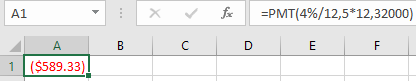 A1 - * fac : B =PMT(4%/12,5*12,32000) D E F C A ($589.33) 1