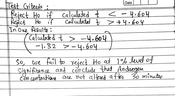 Date Test Criteria : Reject Ho if calculated t calculated t < -4.604 Reject Ho if calculated t >+4.604 In Our Resulte : Calul