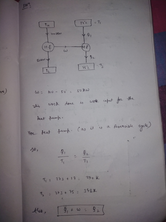 sor 17c =T TH y lookW HE (HP 3. 82 souw 75°C -T2 لیا 100 - 50 = so new work This work done infurt for the heat pump. a Rever