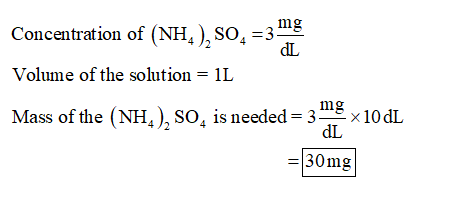 Concentration of (NH4) SO. =3 g dL Volume of the solution 1L mg Mass of the (NH), so, is needed = 3-x10dL dL 30mg