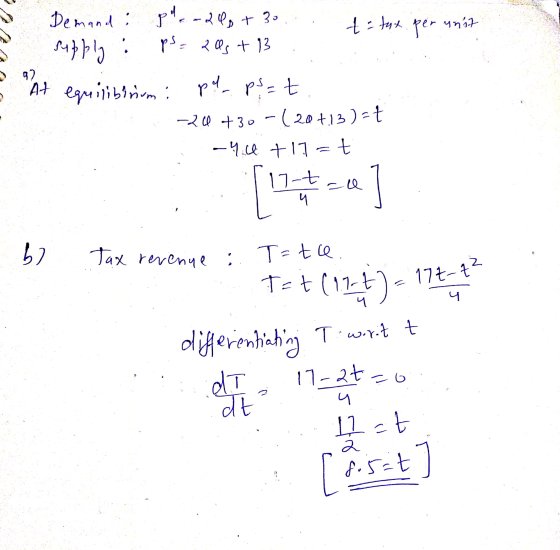 s Demand: p --24 + 30. tetat per unit Supply : pse pas + 13 E At equilibrium : pl. ps=t. -26 +30 -(20+13)-t -4.66 +11=t 15