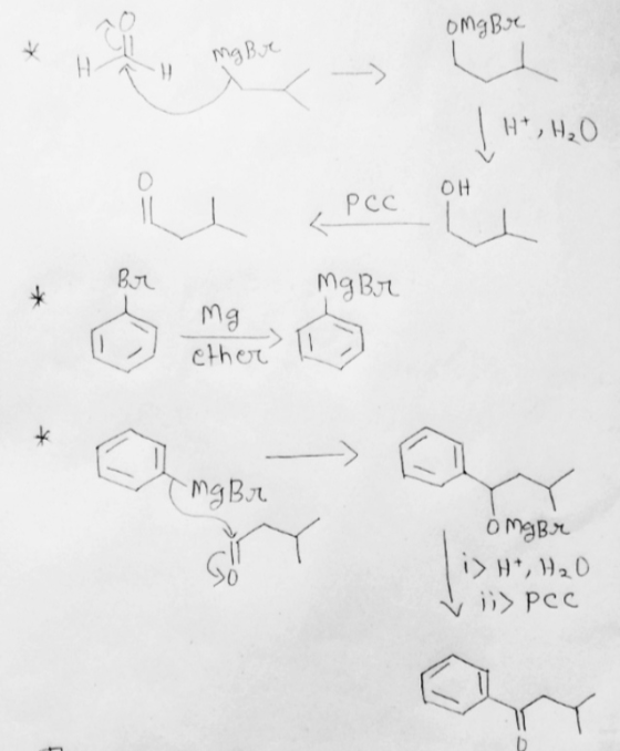 omgbr mg Bje 1 Ht , H₂O OH PCC Br * in fore me ether pec oh marr I mgbr Mg МаВл. Omgbr i> H+, H₂O v i>PCC