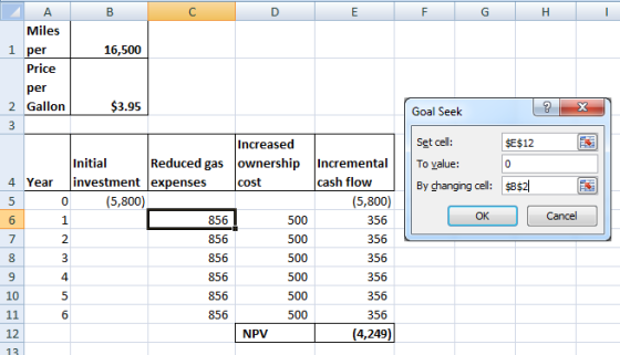 F G H I 16,500 Α Miles i per Price per 2 Gallon 3 $3.95 Goal Seek SE$12 Increased ownership cost Set cell: To value: By chang