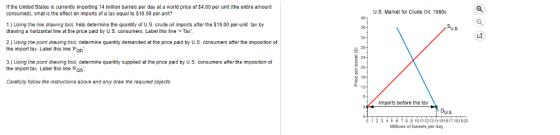 If the United States is currently importing 14 million barrels per day at a world price of $4.00 per unit (the entire amount consumed), what is the effect on imports of a tax equal to $16.00 per unit? 1.) Using the line drawing tool, help determine the quantity of U.S. crude oil imports after the $16.00 per-unit tax by drawing a horizontal line at the price paid by U.S. consumers. Label this ineTax 2.) Using the point drawing tool, determine quantity demanded at the price paid by U.S. consumers afterthe imposition of the import tax. Label this line Pao 3.) Using the point drawing tool, determine quantity supplied at the price paid by U.S. consumers after the imposition of the import tax. Label this line Pos Carefuly folow the instructions above and only draw the required objects U.S. Market for Crude Oil, 19809s 36 U.S 32- 20- Imports before the tax Dus 0123 4587 81011121314151817181020 Milions of barrels per day
