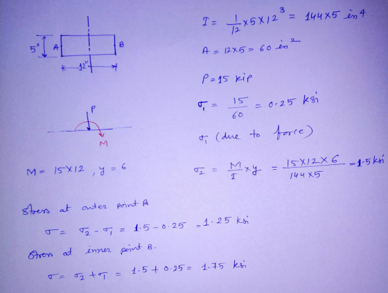 3 I + x 5 x 12 = 14485 int A = 1245-60 in ² K 12+ * P=15 kip T= 15 = 0.25 ksi & (due to force) M M= 15X12, y=6 – 1.5ksi. T =