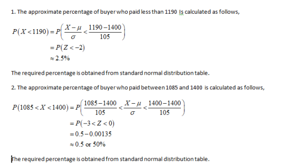 1. The approximate percentage of buyer who paid less than 1190 is calculated as follows, P(X<1190) = P( 854 119013.400 = P(Z