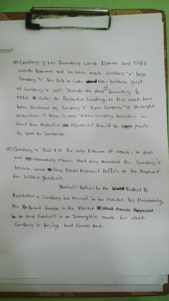 we of (A) Company thas Inventory worth $200 rin and PPDE worth $roomm and No other assets. Company X buys Company y for $