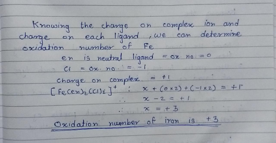 complex一_lon--and cand ge an on each liqandwe determine dahion umbe of Fe Chonge on complextl Fe.cenr Cc) Oxidation number of