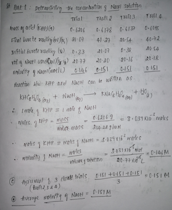 4 Part 1: Dettomining the concentration 9 Naoel solution Trial Trall 2 Trail 3 Trail a mass of acid (KHP) () 0.6206 0.6178 0.