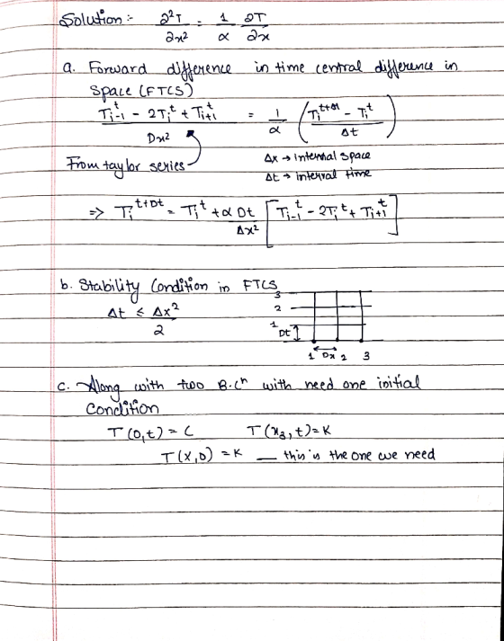 Solution : 221 1 2T 22 x 22 a. Forward difference in time central difference in Space (FTCS) Tily - 27 tt Tinti n - Tit - Dua