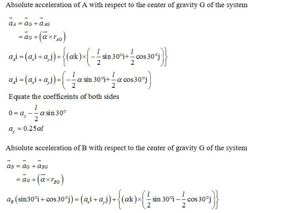 Absolute acceleration of A with respect to the center of gravity G of the system Equate the coefficeints of both sides ay 0.2