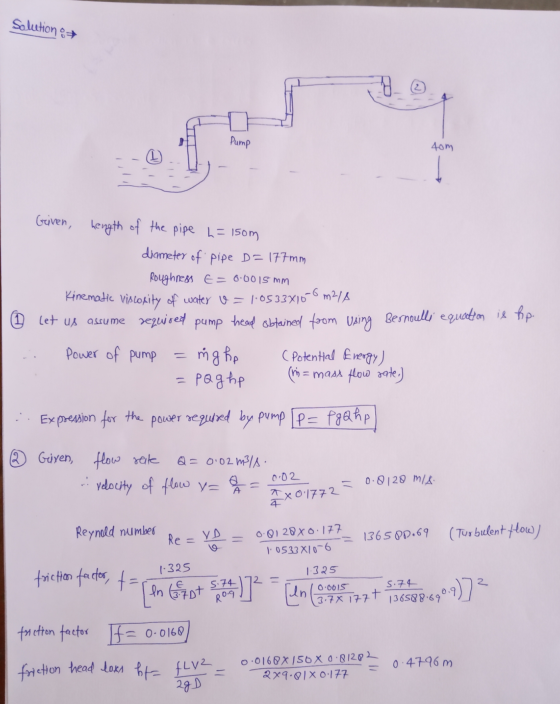 Solution : friction head loss ht flv2 De Pump 40m Geiven, hength of the pipe h=150m diameter of pipe D = 177mm Roughness E =