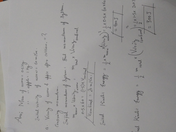 An; Mass of arrow = 0.5kg us apple = 1kg Initial velocity of addow = 6o mi se. a. Velocity of arrow & apple after collision.