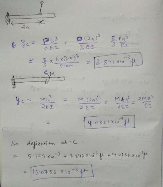 3 EI BEI = $x648:39% = 3-843 x10 Ppt 51000 2. ML REI 2 СТ REI So = deflection at c. 5.149 x103 + 3.243X10 ft +4-0233x10 13:07