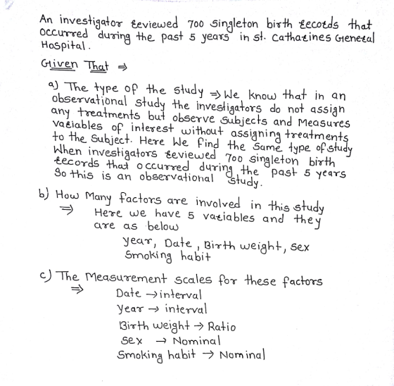 An investigator eviewed 7o0 Singleton birth tecotds that occurrred during th urrred duming the past 5 yeas in t Cathatines Gt