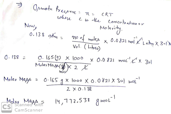 Opomote cupe CRT T otere Clo he Conuutaton Mohity mo of moles Vol. (Libe) Now 0.13 8 m 0.0221 ol X O. 165() x looo Molar Ma(
