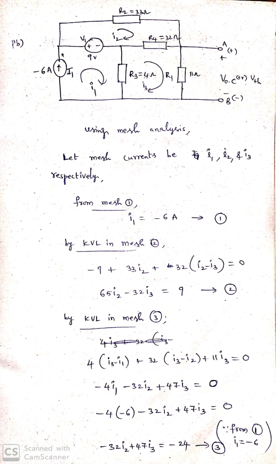 Voccer Uth ORG) using mesh analysis, Let mesh currents be es, es, & i respectively, from mesh o, i = -6A 0. y KVL in mesh ③ -