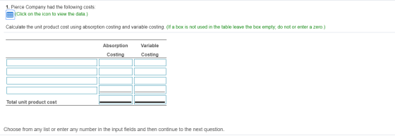 1. Pierce Company had the following costs: Click on the icon to view the data.) Calculate the unit product cost using absorpt