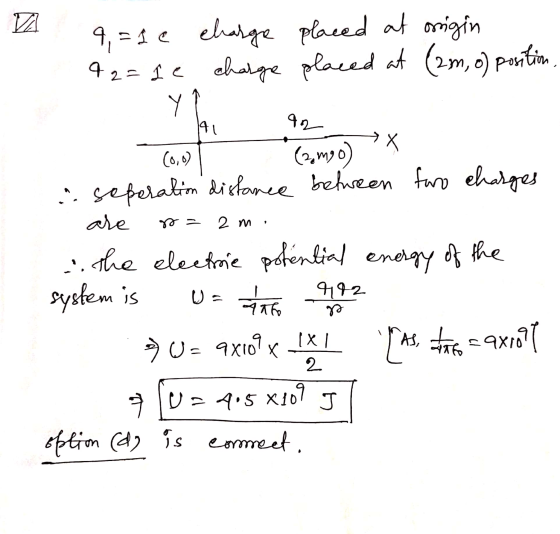 9,=1e charge placed at origin 42= 1e charge placed at (2m, o) position Y Х (2. mgo) ... seperation distance between faro char
