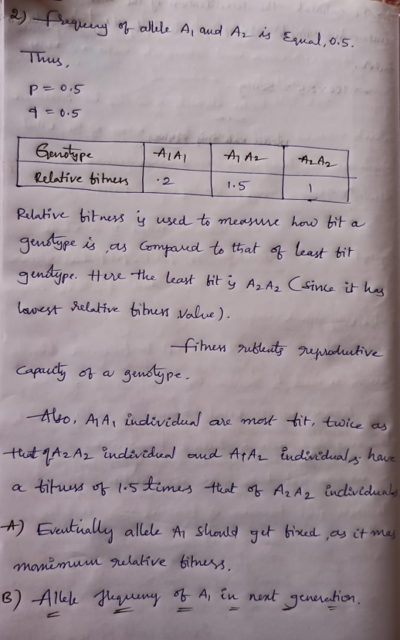 - 2) Frequery of allele A, and Az is Equal, 0.5. we Thus, p=0.5 q=0.5 I Genotype IAIAI A, A2 ALAR I Relative titners 1.2 11.5