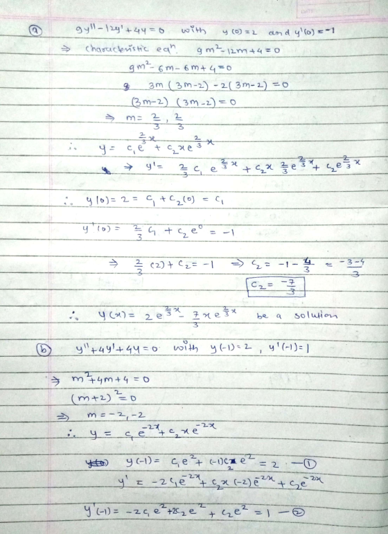 @ gy-124+44 = 0 with yo =2 and y(0)=-1 Characteristic ean gm²-12m+4=0 gm²-6m-6m+4=0 3m (3m- 2-2( 3m-2)=0 (3M-2) (3M-2) = 0